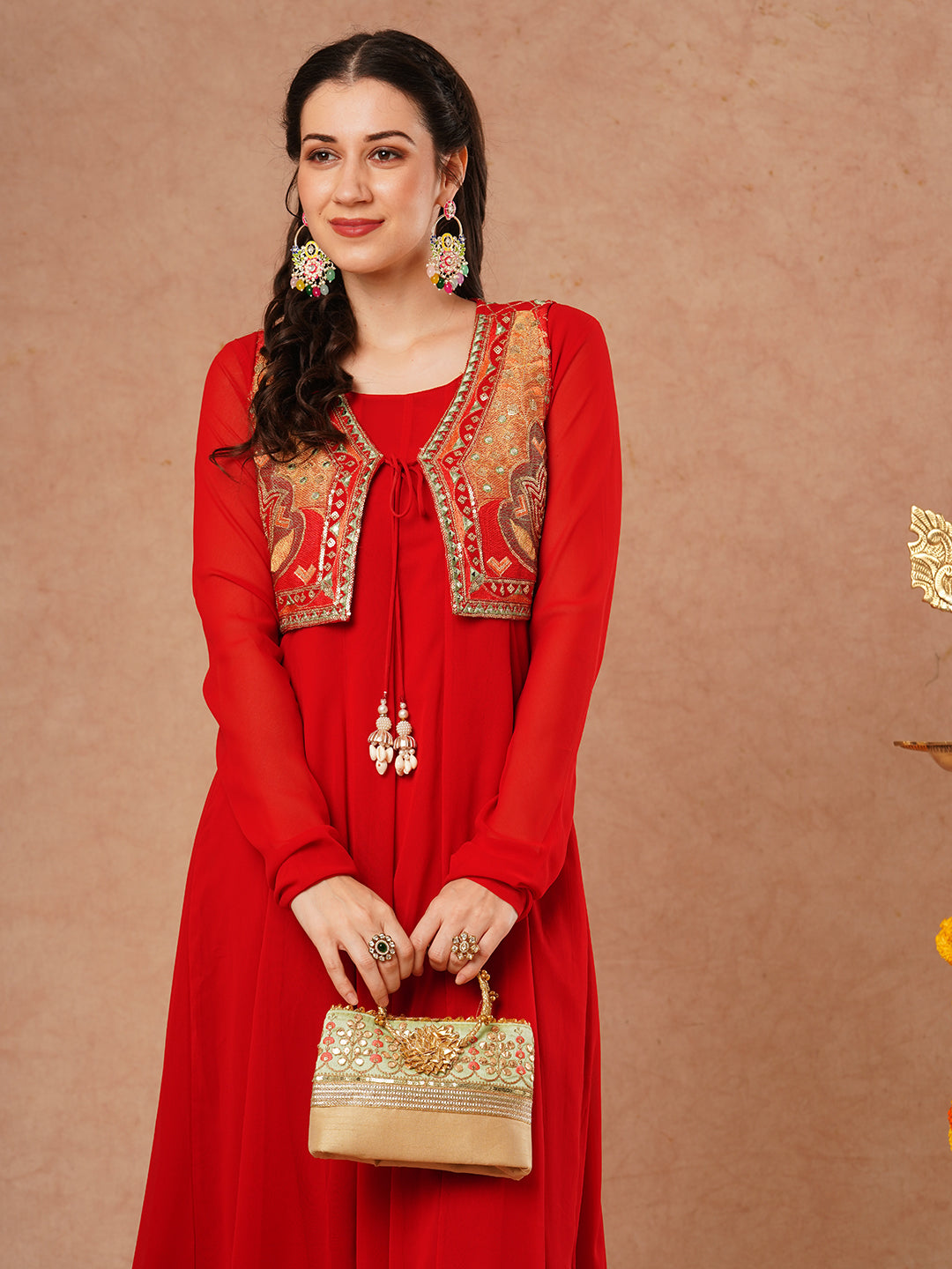 Solid Anarkali Flared Kurta with Ethnic Embroidered Jacket & Pant - Red