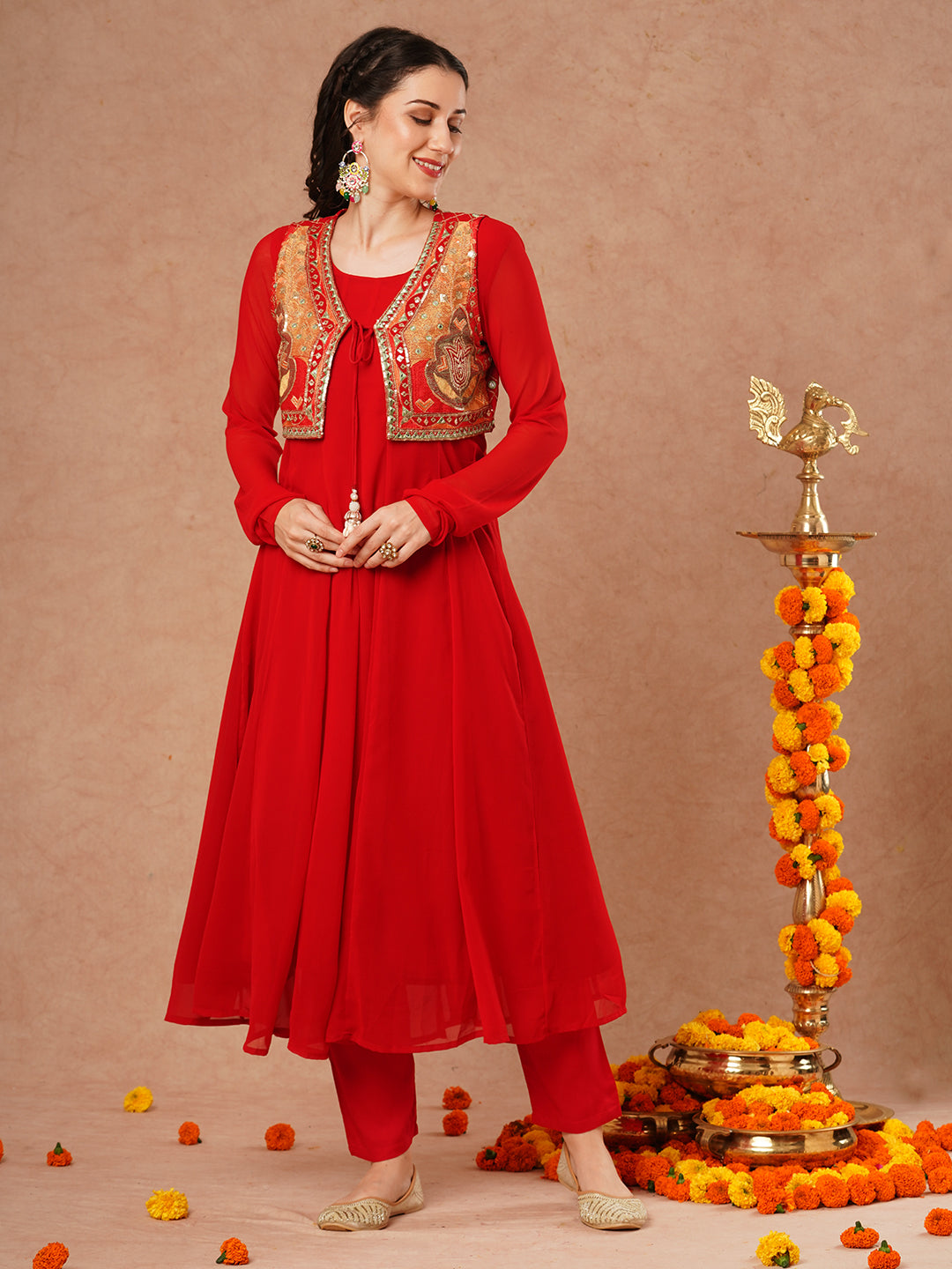 Solid Anarkali Flared Kurta with Ethnic Embroidered Jacket & Pant - Red