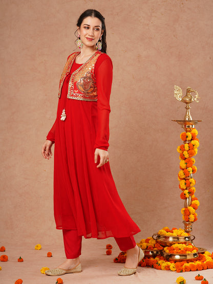 Solid Anarkali Flared Kurta with Ethnic Embroidered Jacket & Pant - Red