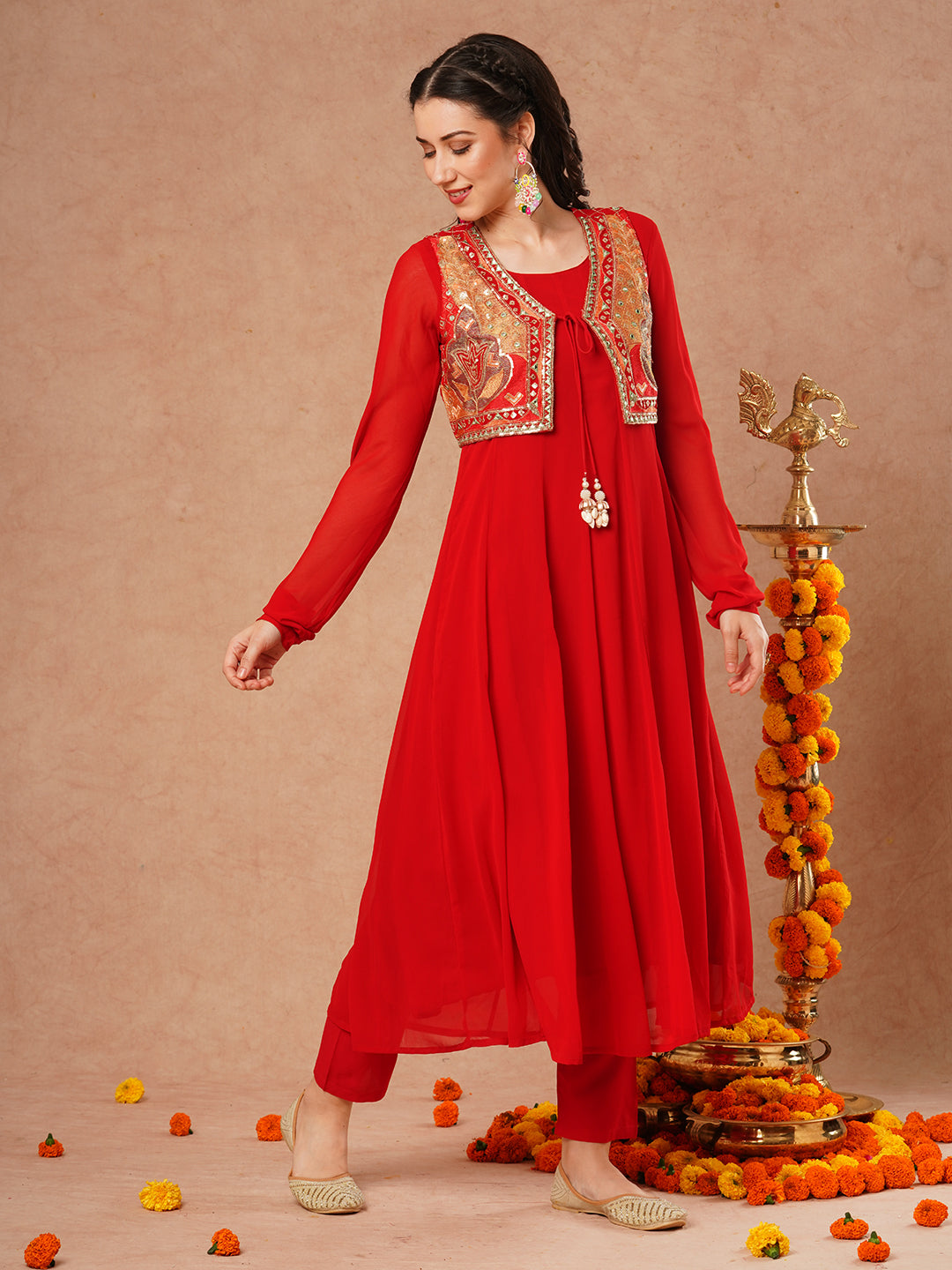 Solid Anarkali Flared Kurta with Ethnic Embroidered Jacket & Pant - Red