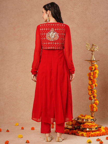 Solid Anarkali Flared Kurta with Ethnic Embroidered Jacket & Pant - Red