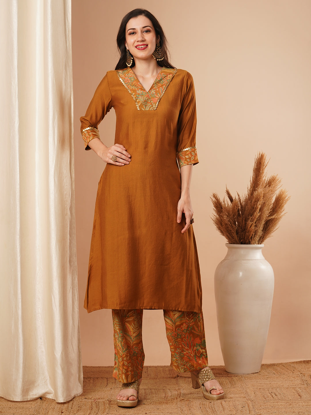 Solid Ethnic Printed A-Line Co-ord Set - Camel Brown