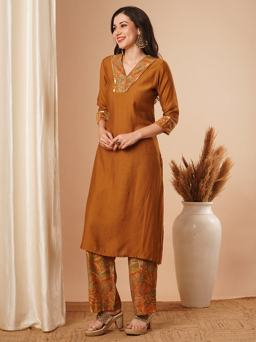 Solid Ethnic Printed A-Line Co-ord Set - Camel Brown