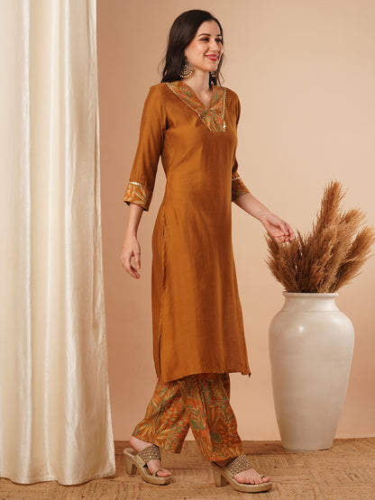 Solid Ethnic Printed A-Line Co-ord Set - Camel Brown