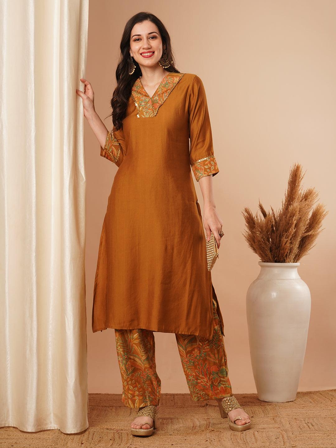 Solid Ethnic Printed A-Line Co-ord Set - Camel Brown