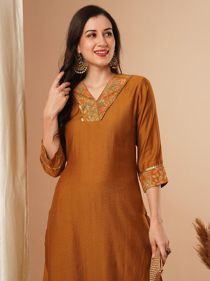 Solid Ethnic Printed A-Line Co-ord Set - Camel Brown