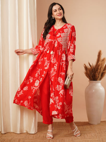 Floral Printed & Embroidered A-Line Pleated Kurta with Crop Top and Pant - Red