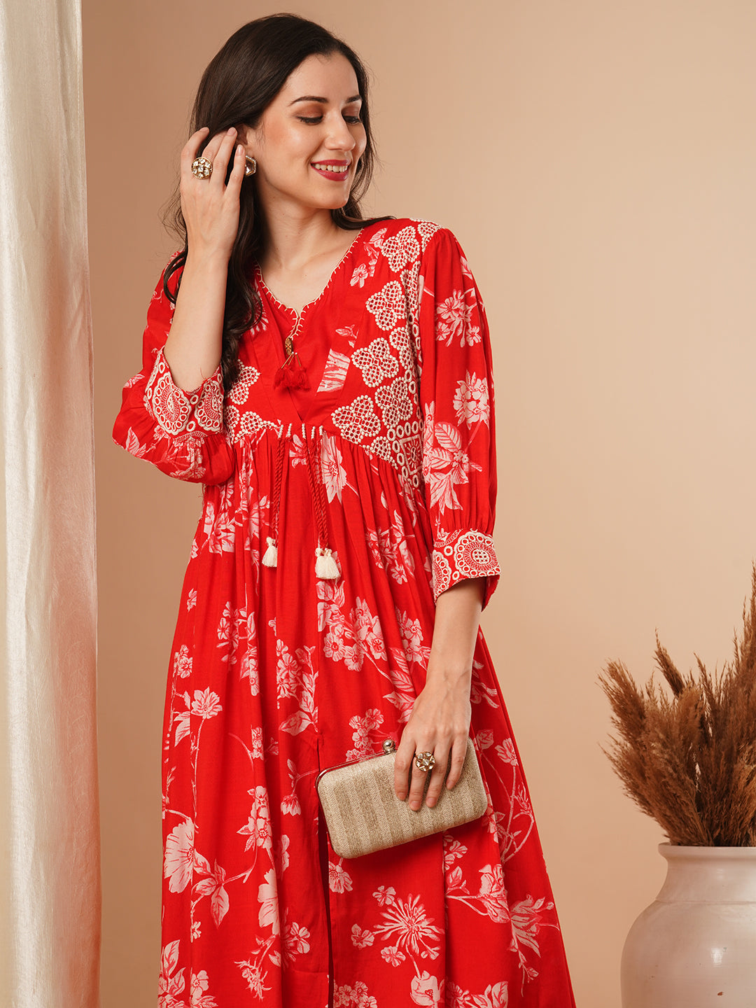 Floral Printed & Embroidered A-Line Pleated Kurta with Crop Top and Pant - Red