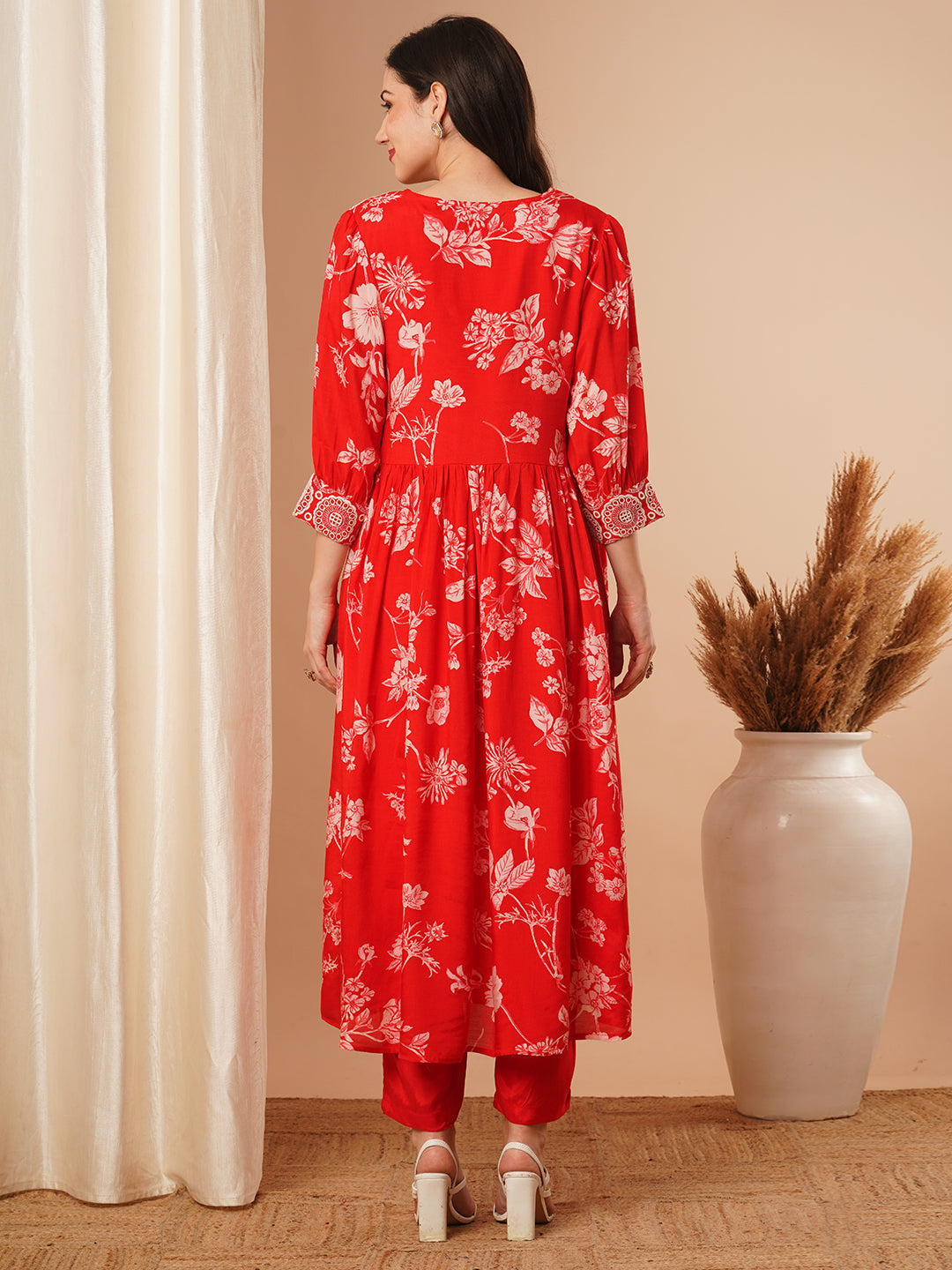 Floral Printed & Embroidered A-Line Pleated Kurta with Crop Top and Pant - Red