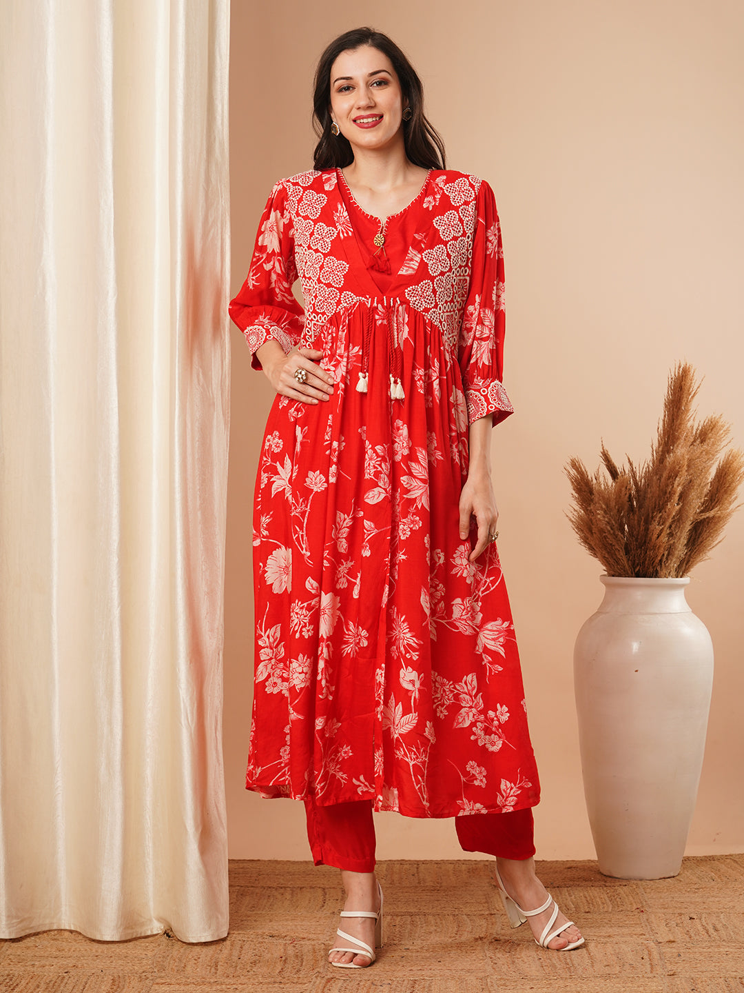 Floral Printed & Embroidered A-Line Pleated Kurta with Crop Top and Pant - Red