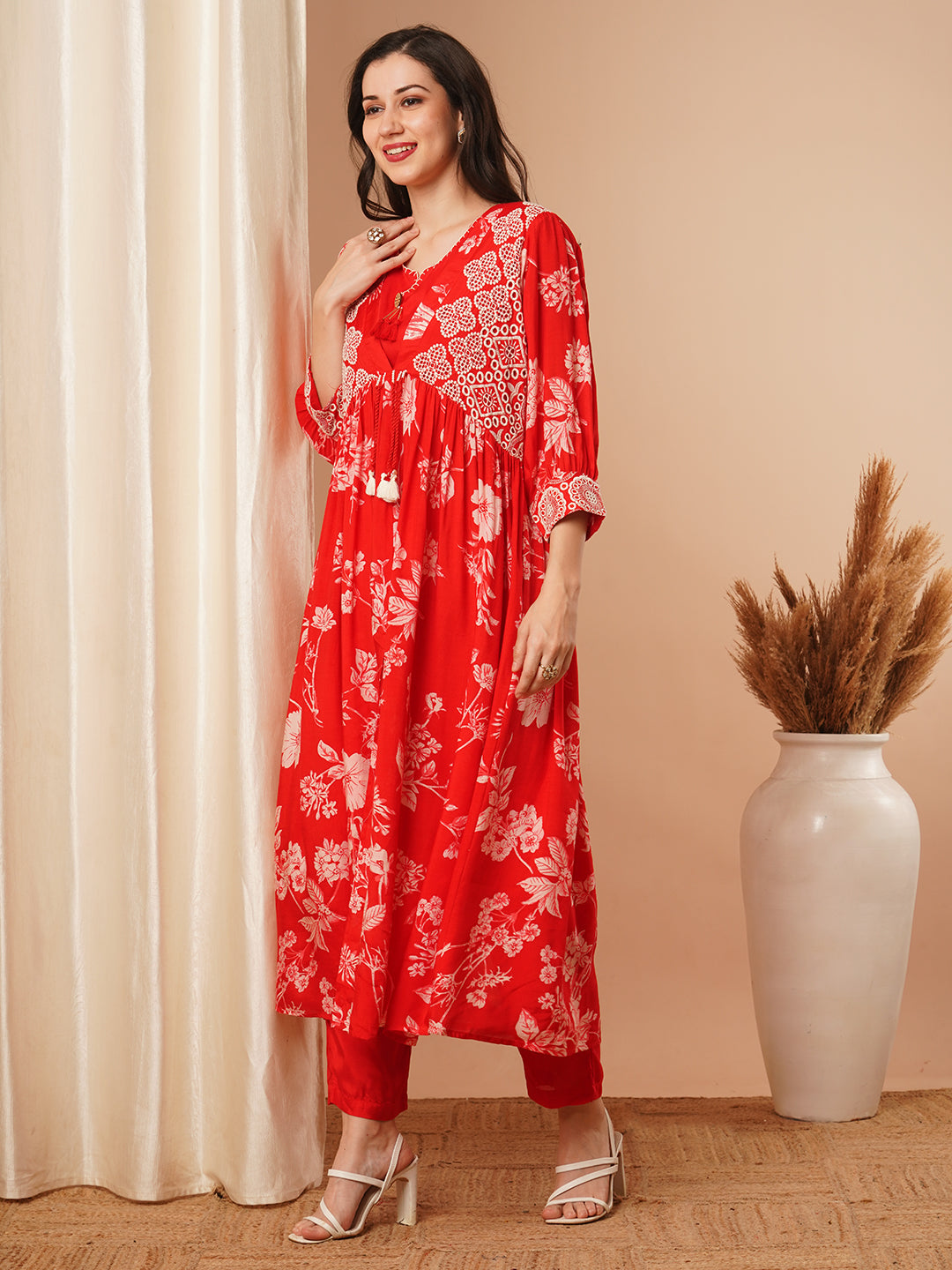 Floral Printed & Embroidered A-Line Pleated Kurta with Crop Top and Pant - Red