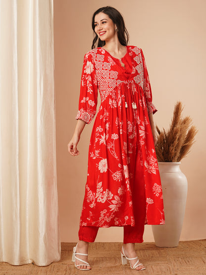 Floral Printed & Embroidered A-Line Pleated Kurta with Crop Top and Pant - Red