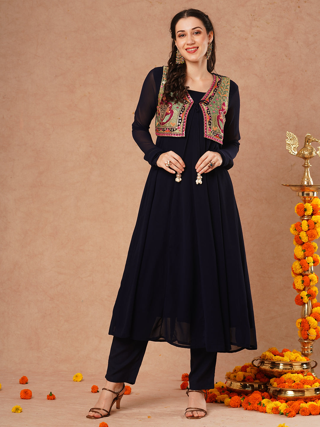 Solid Anarkali Flared Kurta with Ethnic Embroidered Jacket & Pant - Navy Blue