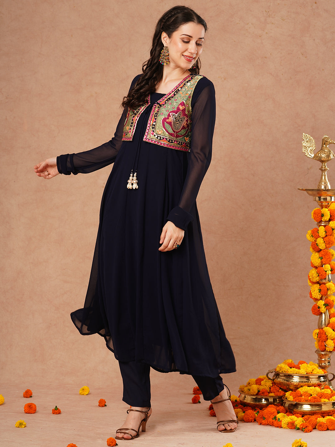 Solid Anarkali Flared Kurta with Ethnic Embroidered Jacket & Pant - Navy Blue