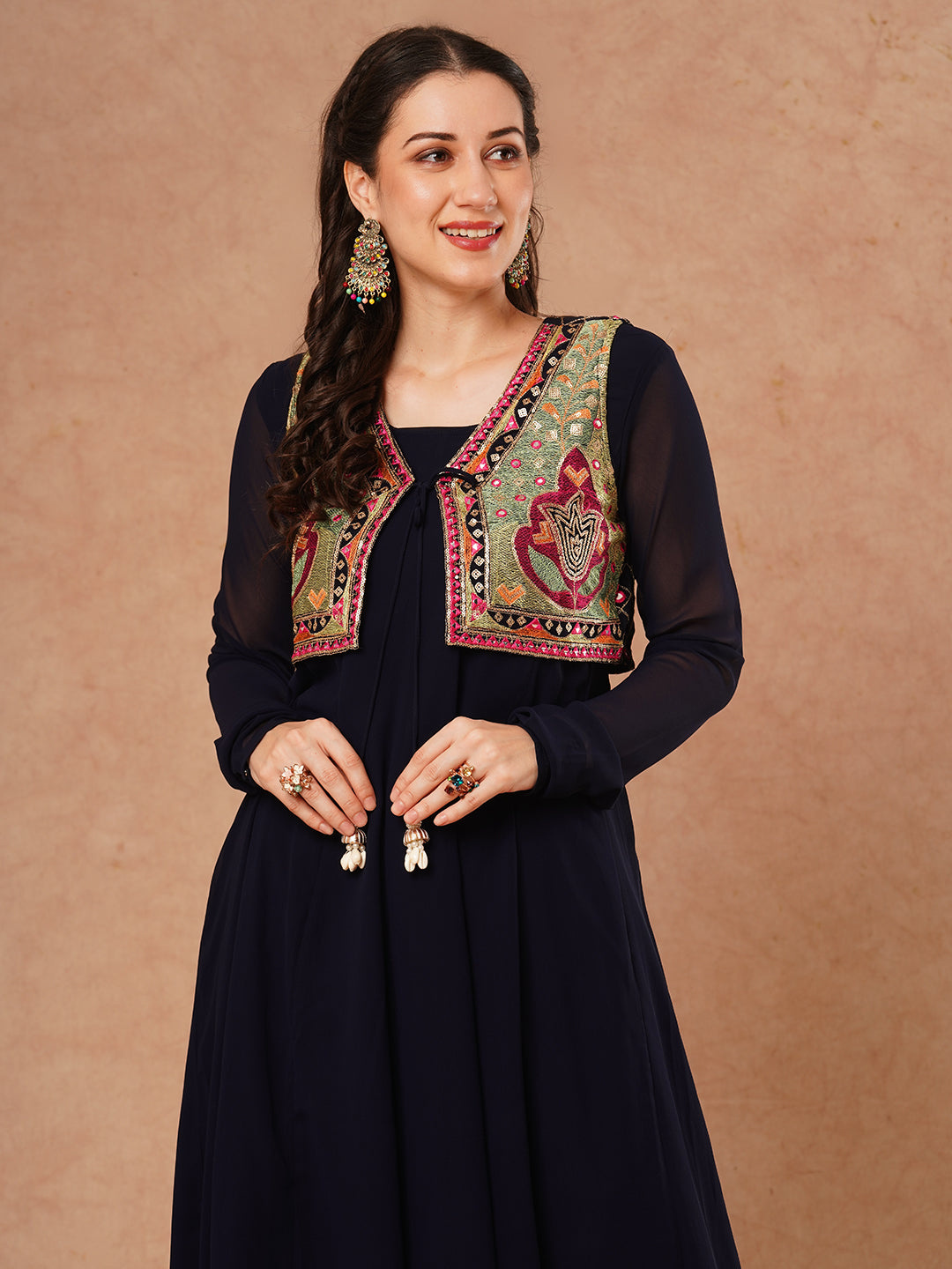 Solid Anarkali Flared Kurta with Ethnic Embroidered Jacket & Pant - Navy Blue