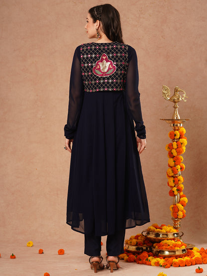 Solid Anarkali Flared Kurta with Ethnic Embroidered Jacket & Pant - Navy Blue