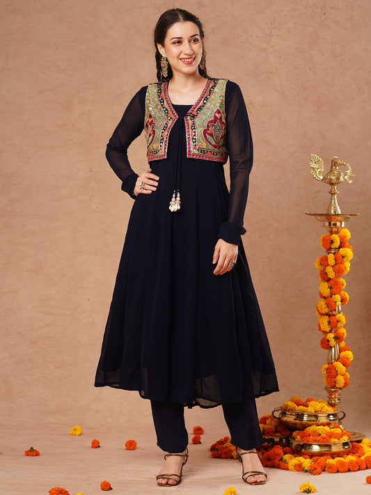 Solid Anarkali Flared Kurta with Ethnic Embroidered Jacket & Pant - Navy Blue