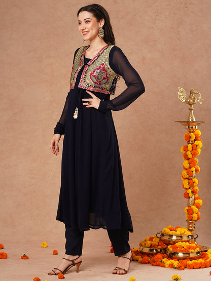 Solid Anarkali Flared Kurta with Ethnic Embroidered Jacket & Pant - Navy Blue