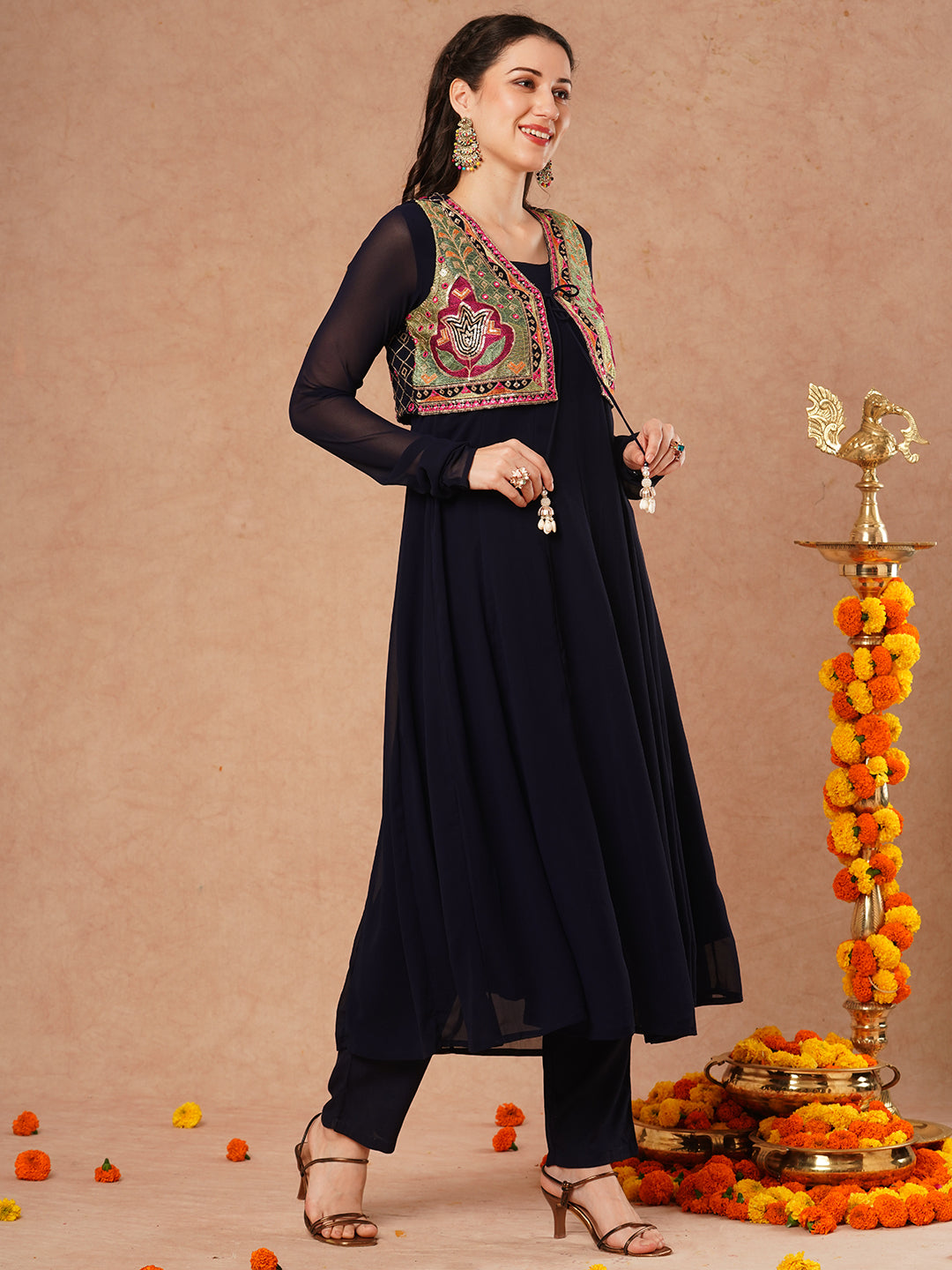 Solid Anarkali Flared Kurta with Ethnic Embroidered Jacket & Pant - Navy Blue