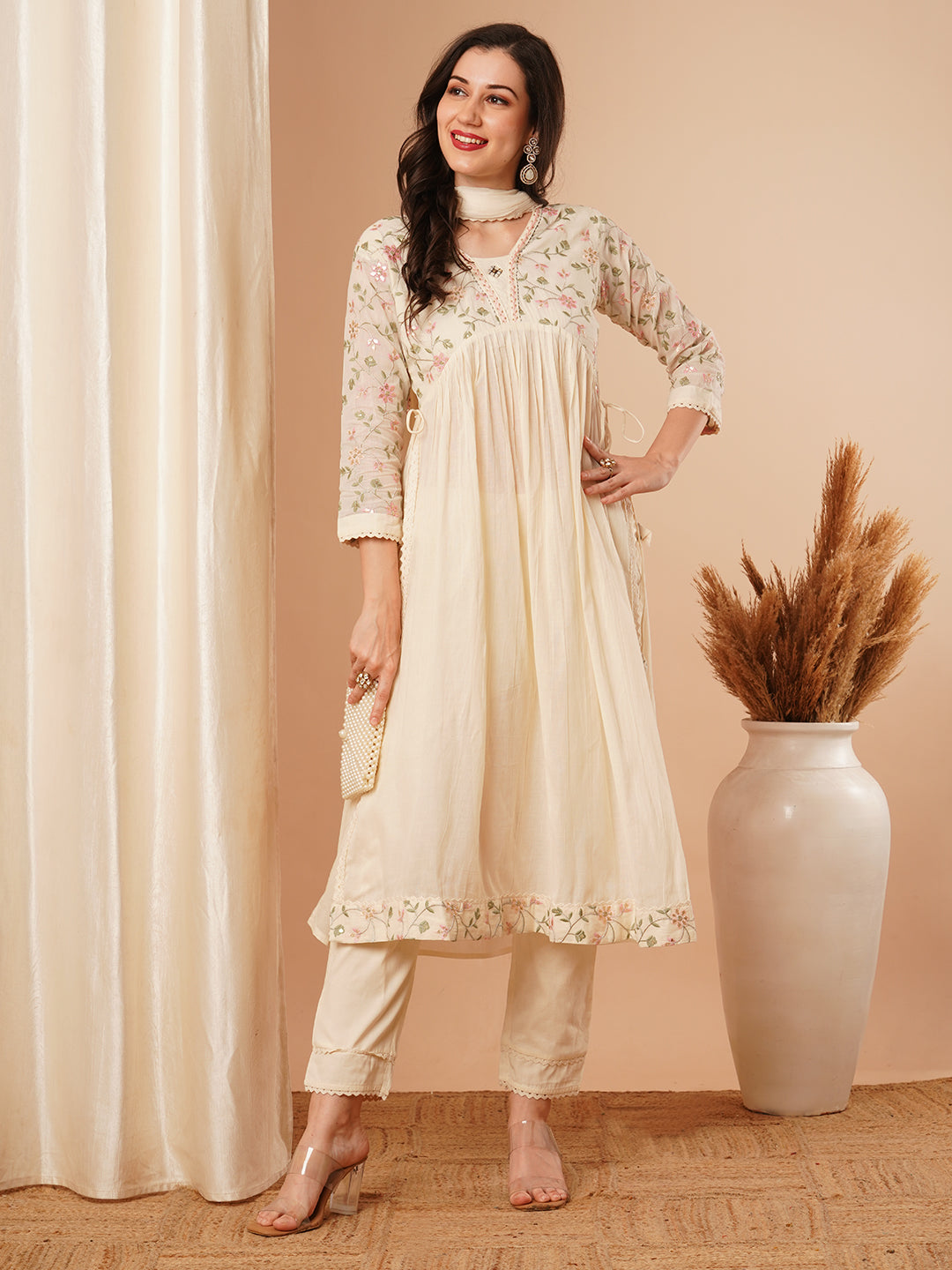 Floral Zari Embroidered A-Line Pleated Kurta with Pant & Ombre Dupatta - Off White