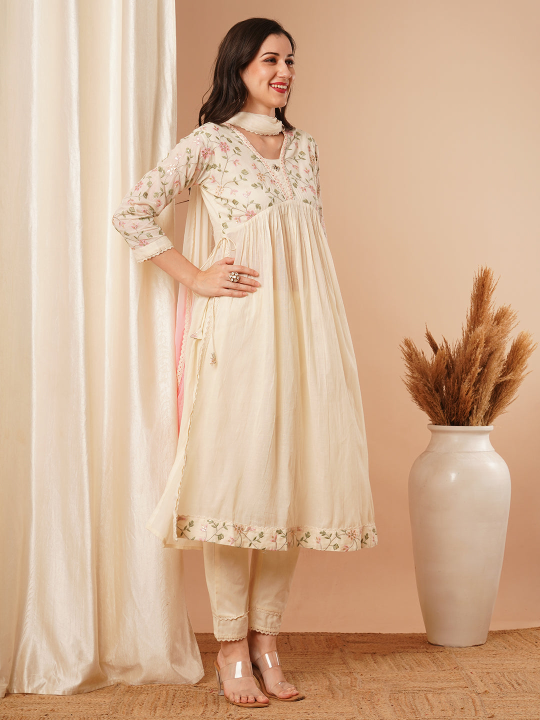 Floral Zari Embroidered A-Line Pleated Kurta with Pant & Ombre Dupatta - Off White