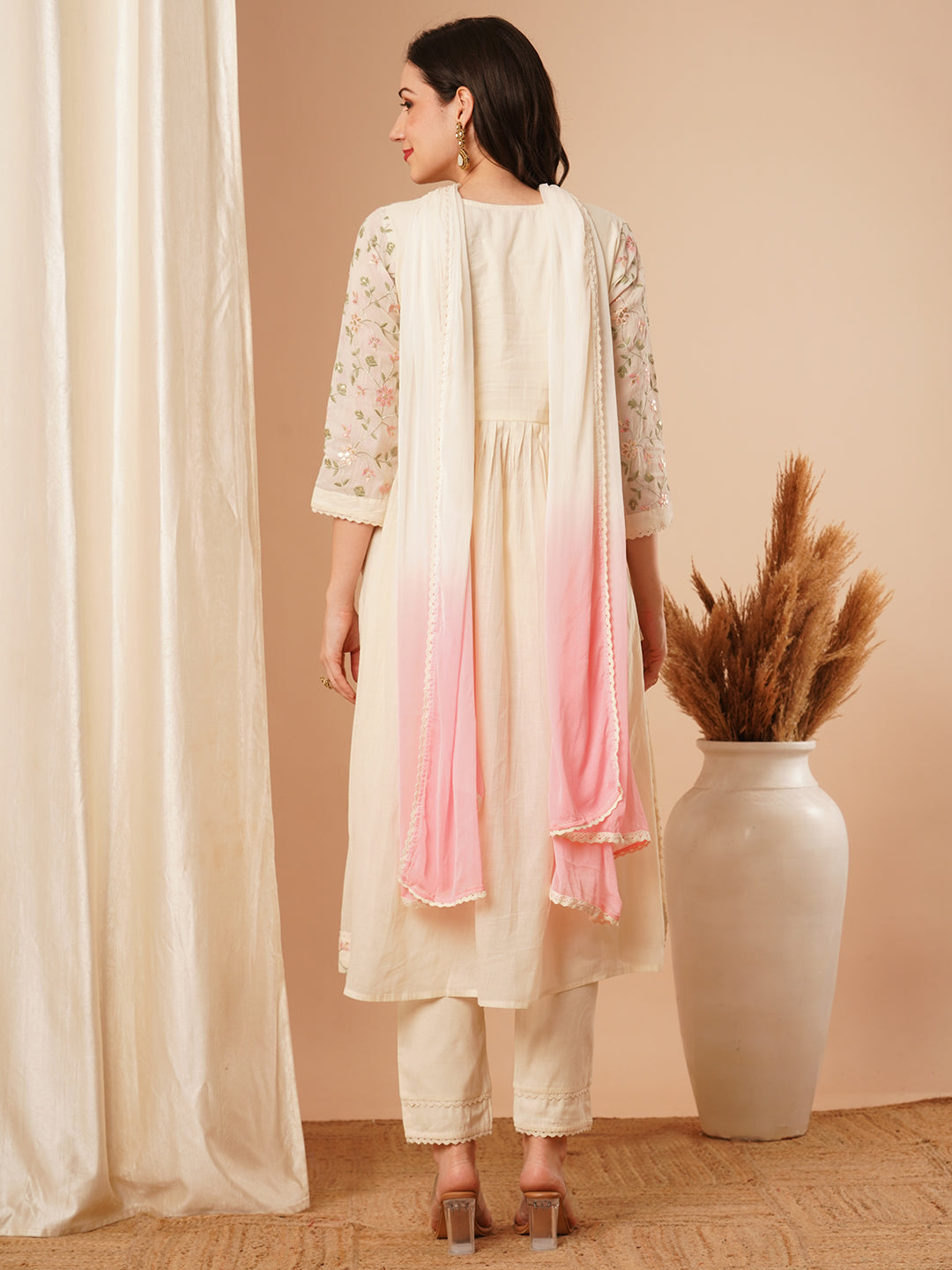 Floral Zari Embroidered A-Line Pleated Kurta with Pant & Ombre Dupatta - Off White