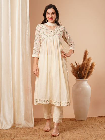 Floral Zari Embroidered A-Line Pleated Kurta with Pant & Ombre Dupatta - Off White