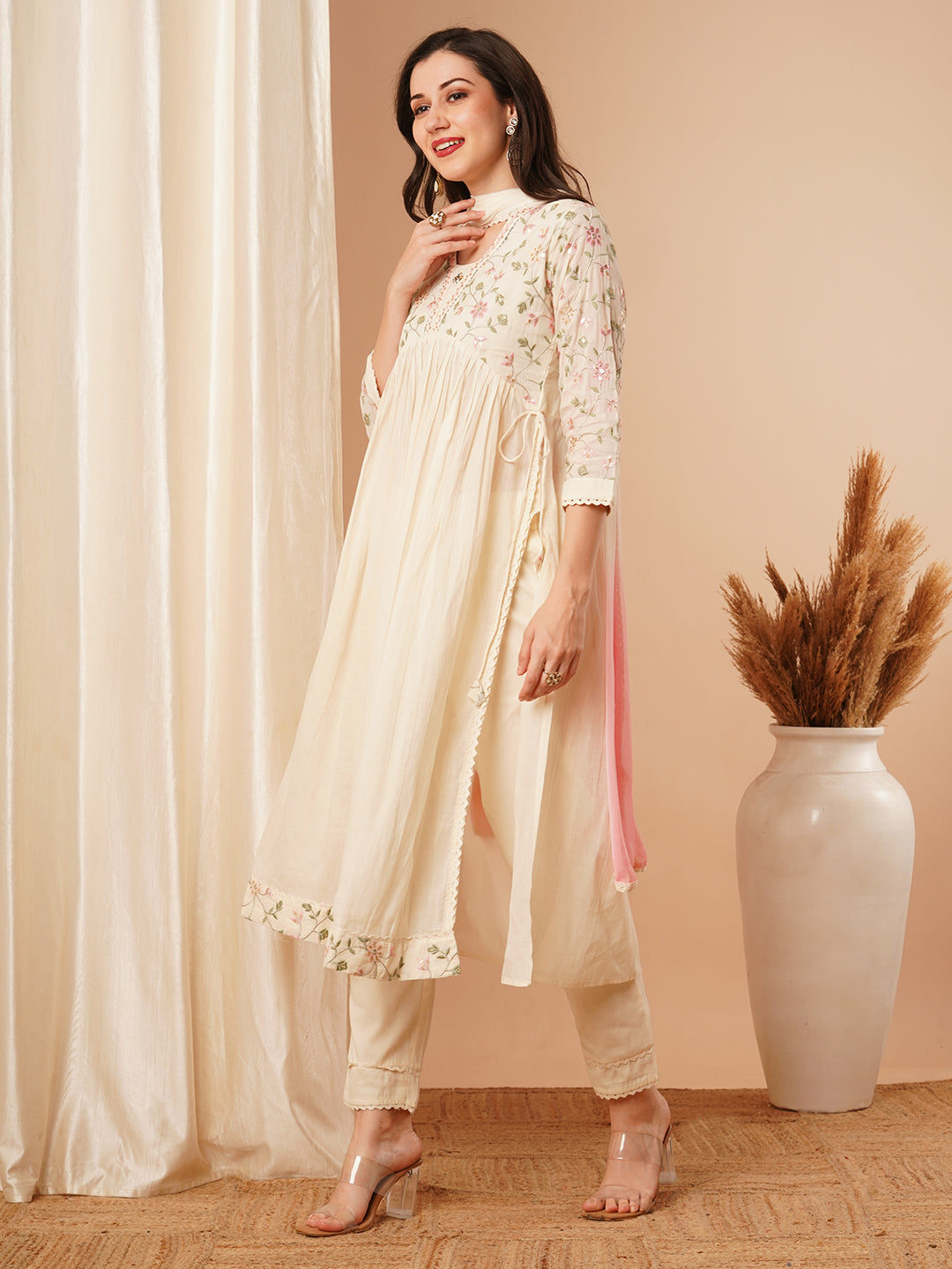 Floral Zari Embroidered A-Line Pleated Kurta with Pant & Ombre Dupatta - Off White