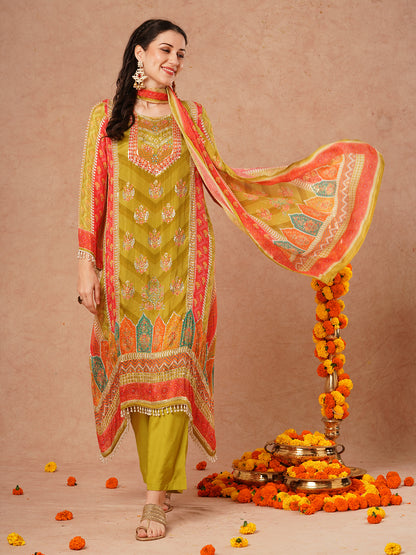 Ethnic Floral Printed & Embroidered A-Line Kurta with Palazzo & Dupatta - Green