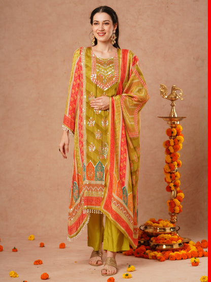 Ethnic Floral Printed & Embroidered A-Line Kurta with Palazzo & Dupatta - Green