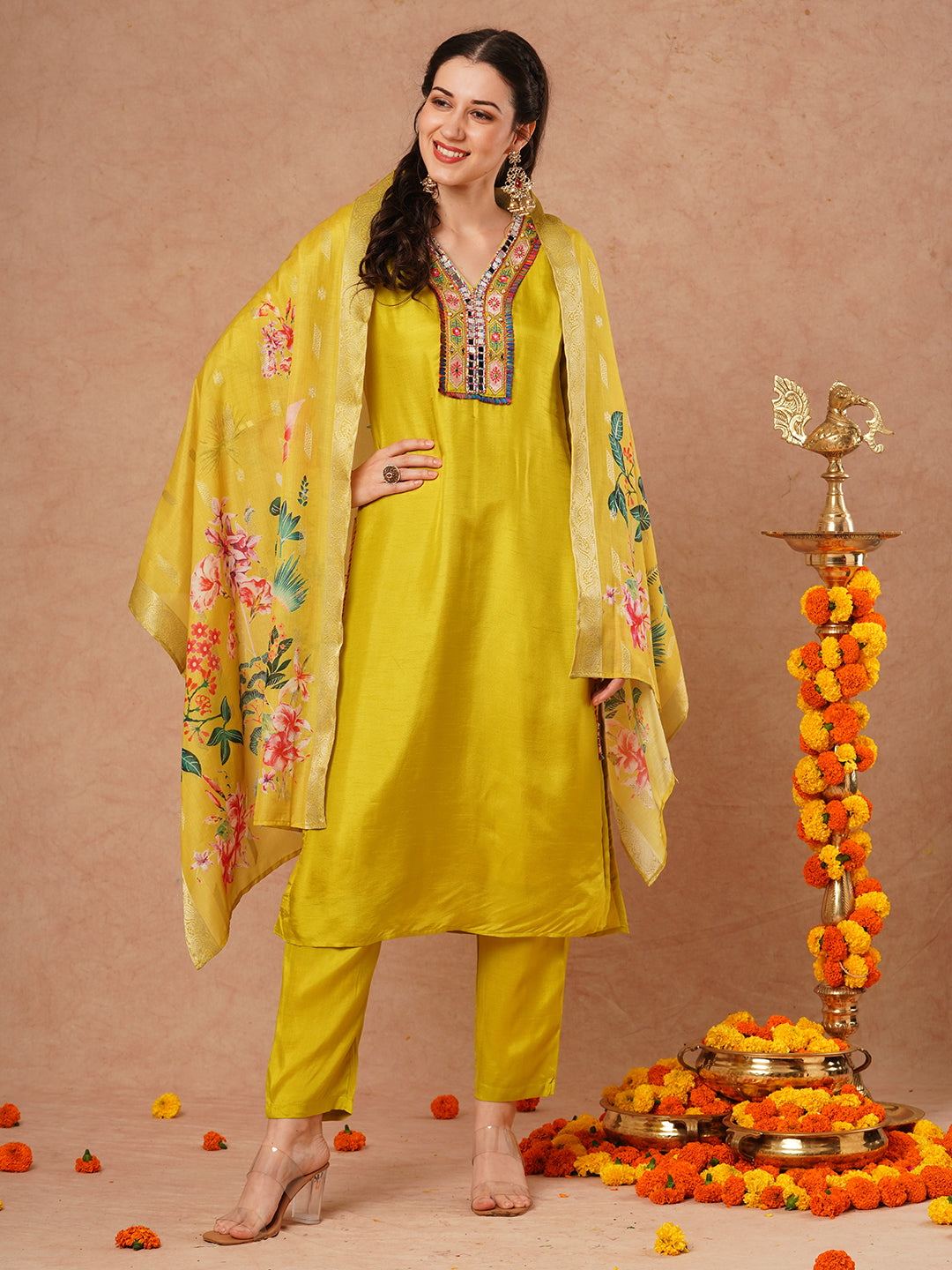 Solid Ethnic Mirror Embroidered Straight Fit Kurta with Pant and Dupatta - Lime Green