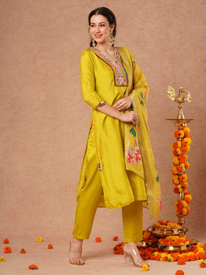 Solid Ethnic Mirror Embroidered Straight Fit Kurta with Pant and Dupatta - Lime Green