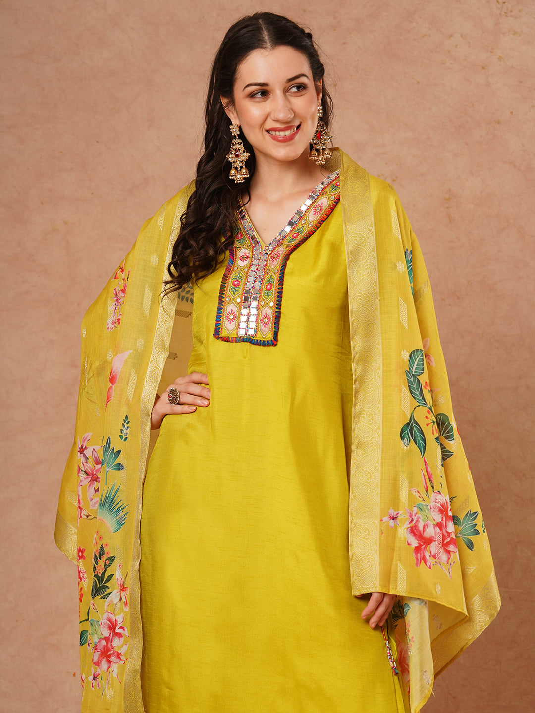 Solid Ethnic Mirror Embroidered Straight Fit Kurta with Pant and Dupatta - Lime Green