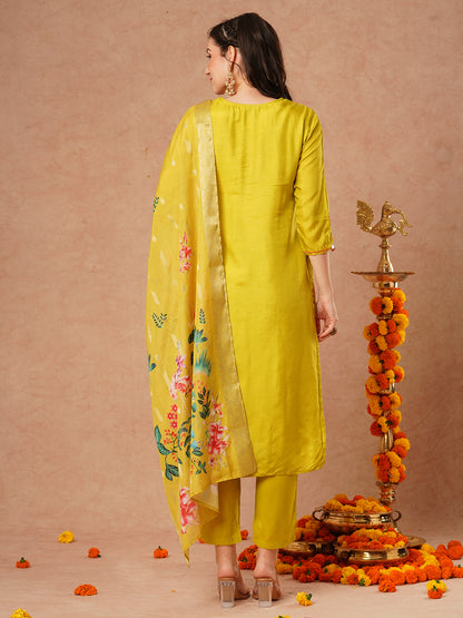 Solid Ethnic Mirror Embroidered Straight Fit Kurta with Pant and Dupatta - Lime Green