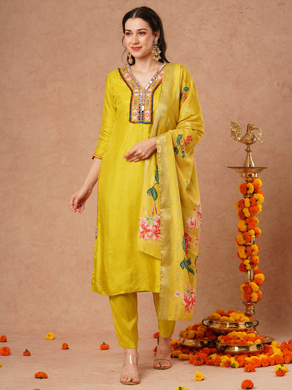 Solid Ethnic Mirror Embroidered Straight Fit Kurta with Pant and Dupatta - Lime Green