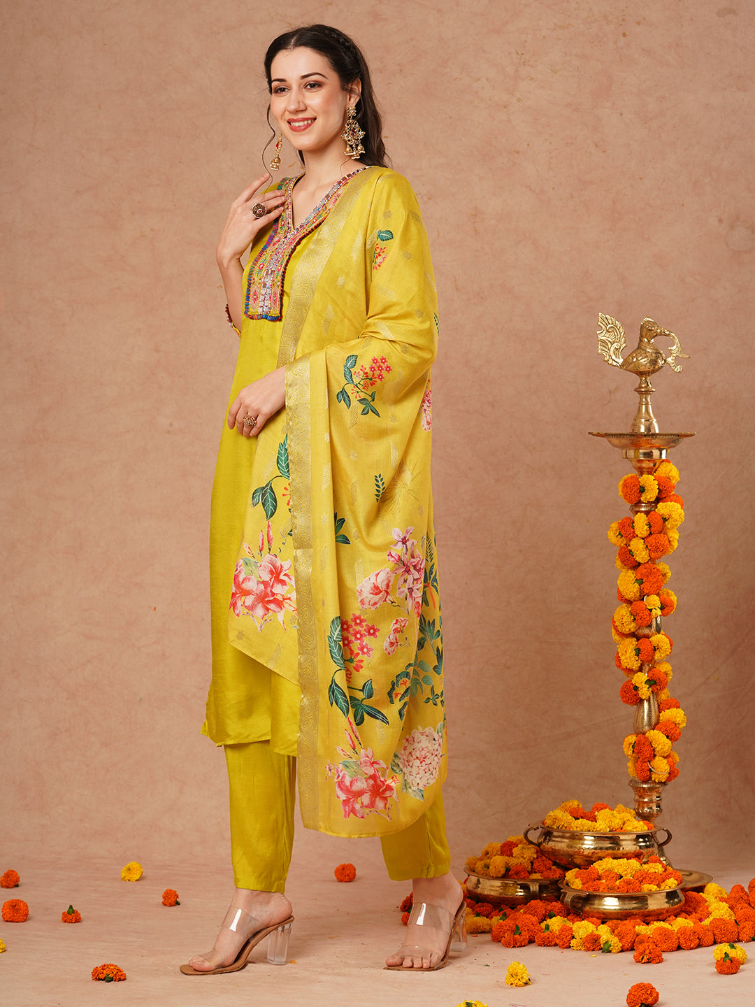 Solid Ethnic Mirror Embroidered Straight Fit Kurta with Pant and Dupatta - Lime Green