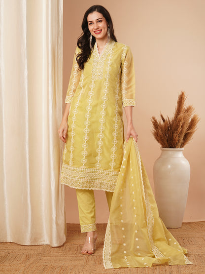 Ethnic Chikankari Embroidered Straight Fit Kurta with Pant and Dupatta - Green