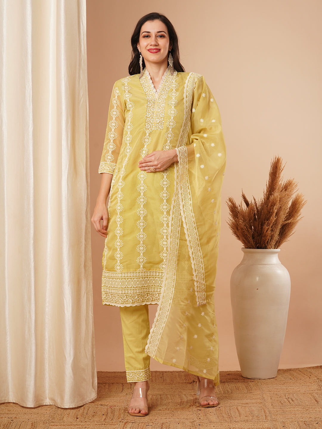 Ethnic Chikankari Embroidered Straight Fit Kurta with Pant and Dupatta - Green