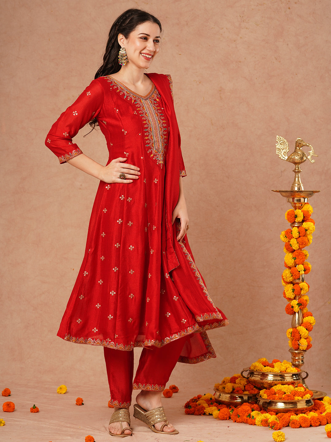 Solid Ethnic Embroidered Anarkali Flared Kurta with Pant and Dupatta - Red