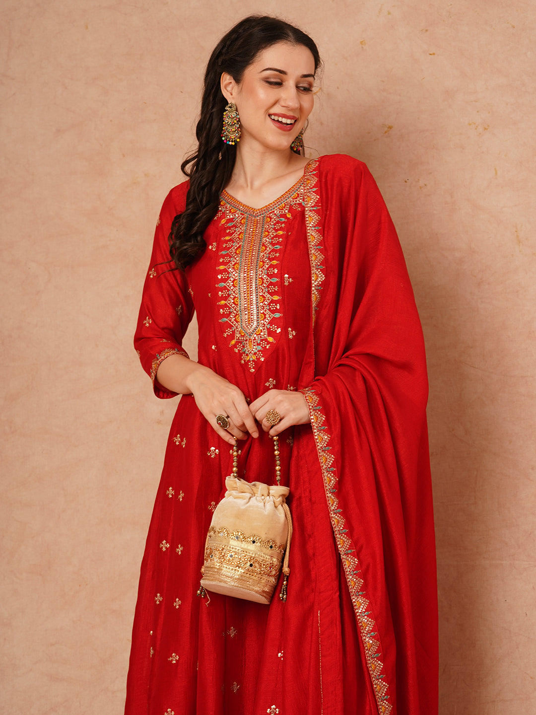 Solid Ethnic Embroidered Anarkali Flared Kurta with Pant and Dupatta - Red