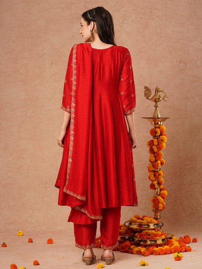 Solid Ethnic Embroidered Anarkali Flared Kurta with Pant and Dupatta - Red