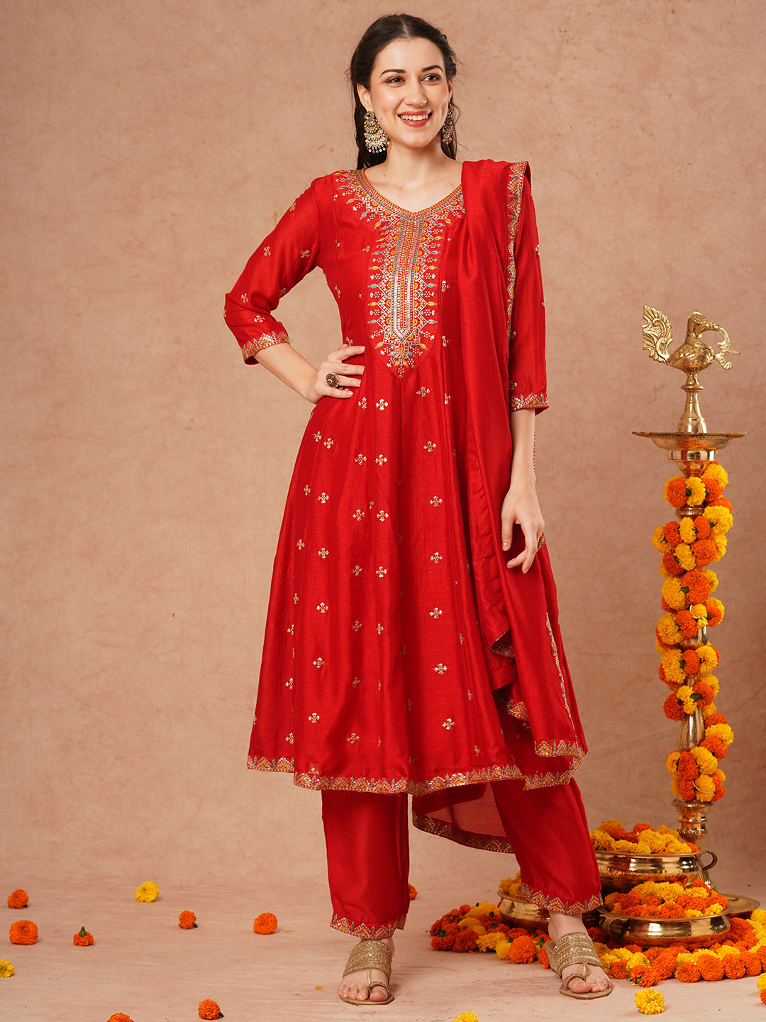 Solid Ethnic Embroidered Anarkali Flared Kurta with Pant and Dupatta - Red