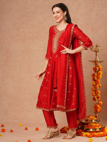 Solid Ethnic Embroidered Anarkali Flared Kurta with Pant and Dupatta - Red