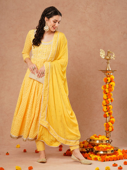 Solid Chikankari Embroidered Anarkali Flared Kurta with Pant & Dupatta - Yellow