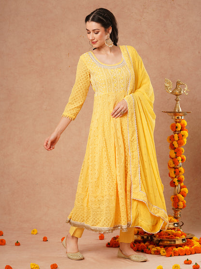 Solid Chikankari Embroidered Anarkali Flared Kurta with Pant & Dupatta - Yellow