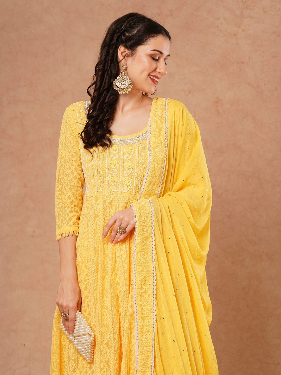 Solid Chikankari Embroidered Anarkali Flared Kurta with Pant & Dupatta - Yellow