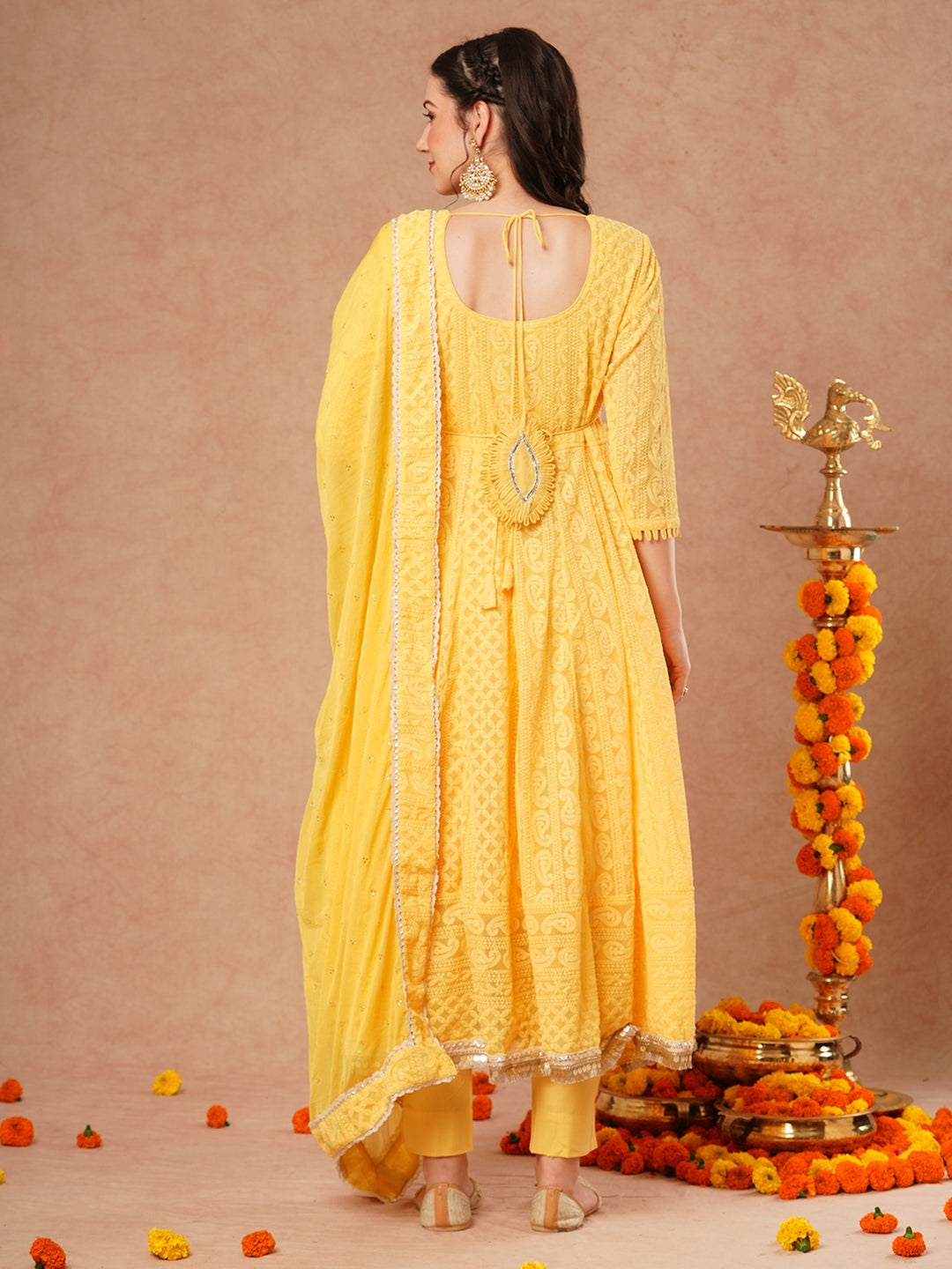 Solid Chikankari Embroidered Anarkali Flared Kurta with Pant & Dupatta - Yellow