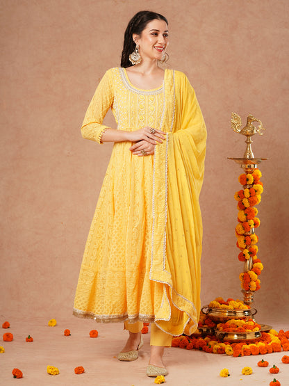 Solid Chikankari Embroidered Anarkali Flared Kurta with Pant & Dupatta - Yellow