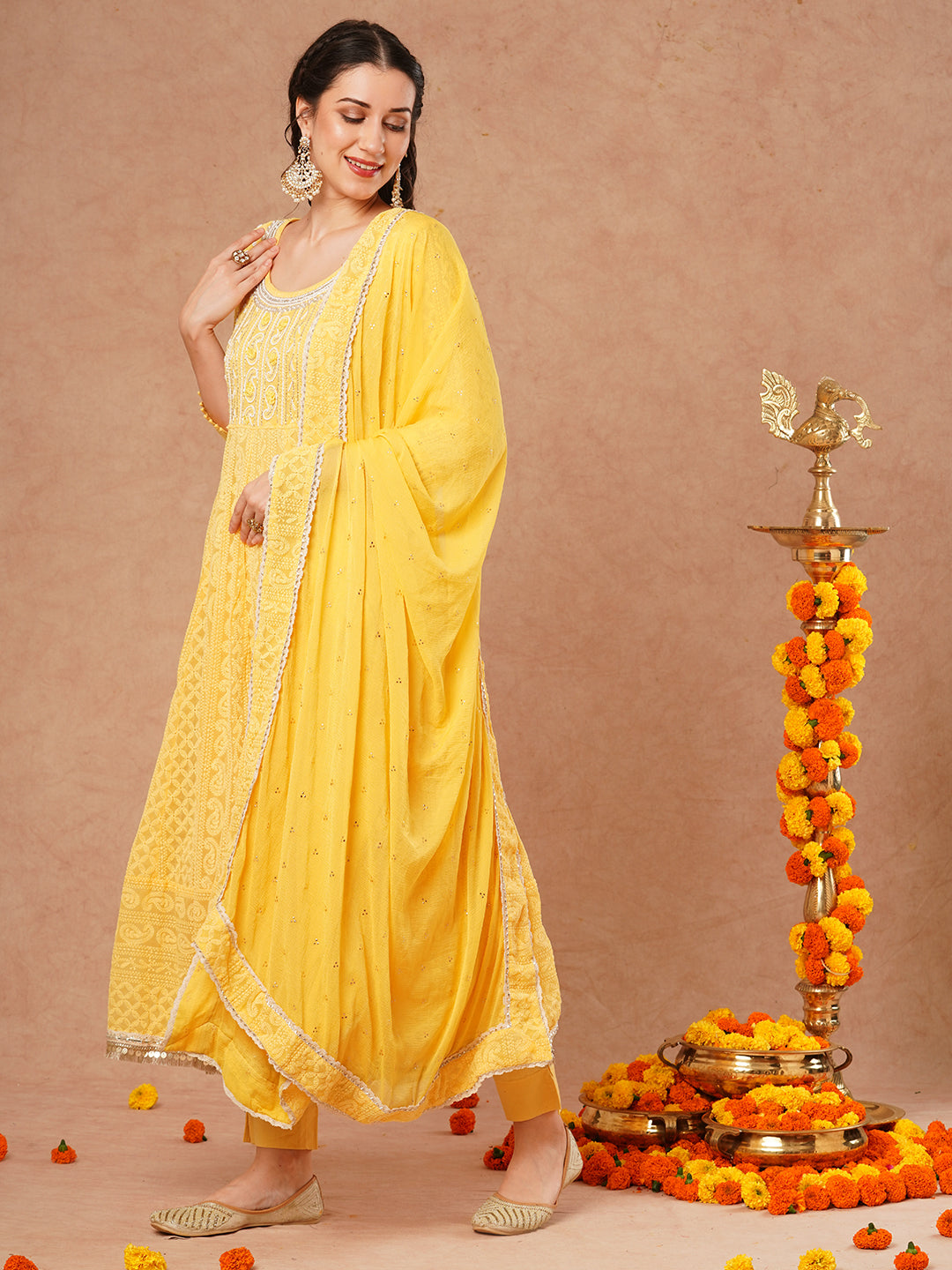 Solid Chikankari Embroidered Anarkali Flared Kurta with Pant & Dupatta - Yellow