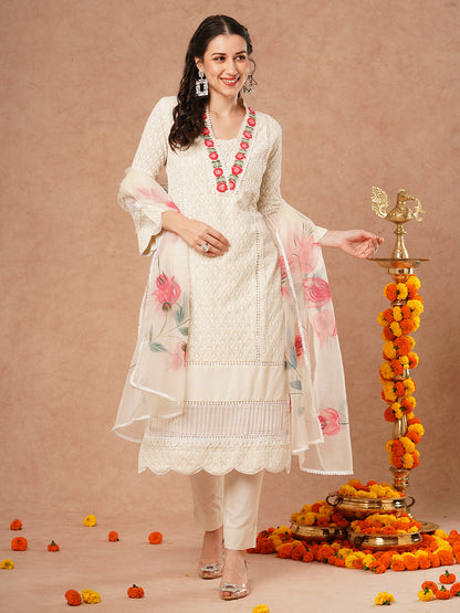 Solid Chikankari Embroidered Straight Kurta with Pant and Hand Painted Dupatta - Off White